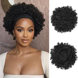 Afro Headband Wig Black Short Afro Kinky Curly Wigs for Black Women Glueless Afro Wigs with headbands attached Synthetic with 2 Clips(1b)