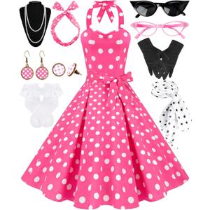Women's 1950s Polka Dress Set Audrey Vintage-Inspired Cocktail Halter Swing Dress with Accessories 10PCS