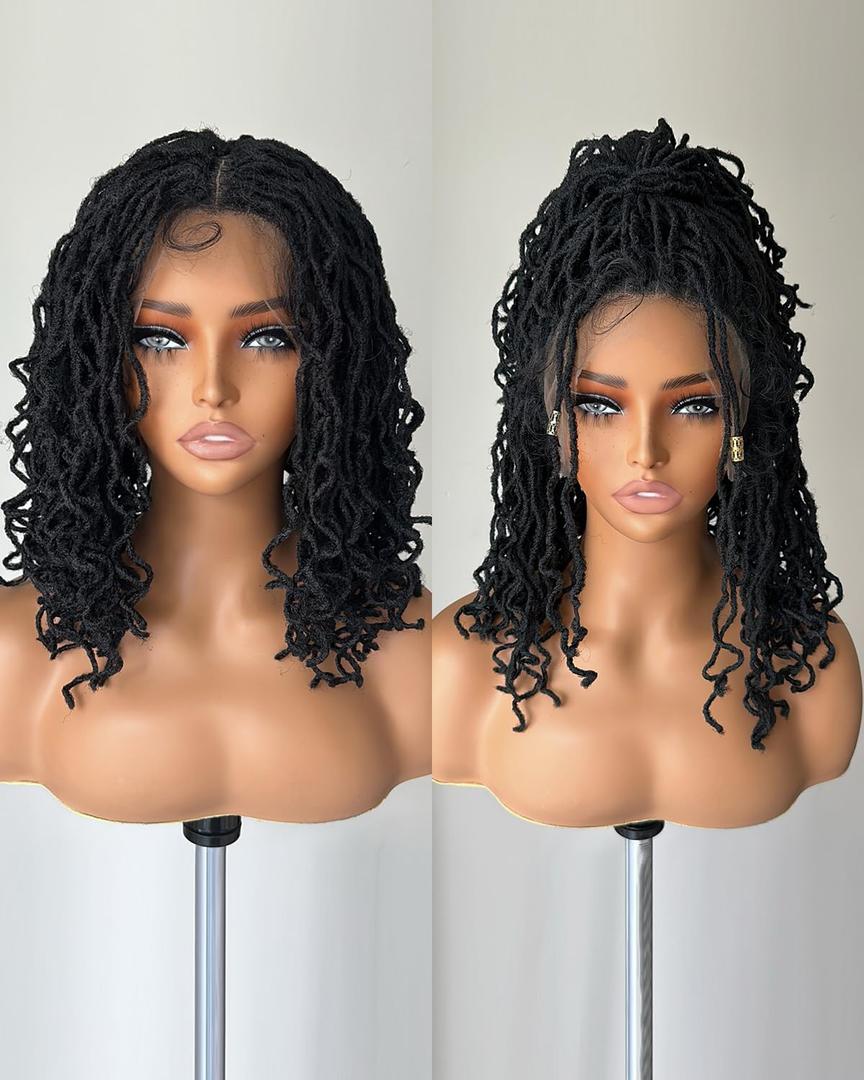 X-TRESS Dry Braided Faux Locs Wigs for Big Head Black Women - Embroidered Full Lace Front Synthetic Wigs with Less Baby Hair, 14" Black Color Short Twist Braid Dreadlocks Wig (1B)