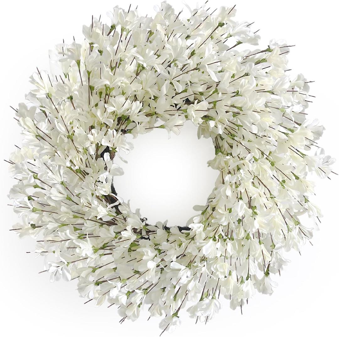 Spring Wreath for Front Door, 24 Inch White Cream Forsythia Spring Wreath Blossom Cluster Flower Farmhouse on Grapevine for Front Door Wall Window Hanging Decor Festival Celebration