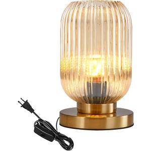 Bedside Table Lamp Mid Century Glass Table Lamps Modern Globe Table lamp Gold Desk lamp nightstand lamp with Amber Pumpkin Design with Ribbed Glass Shade for Bedroom Living Room Office