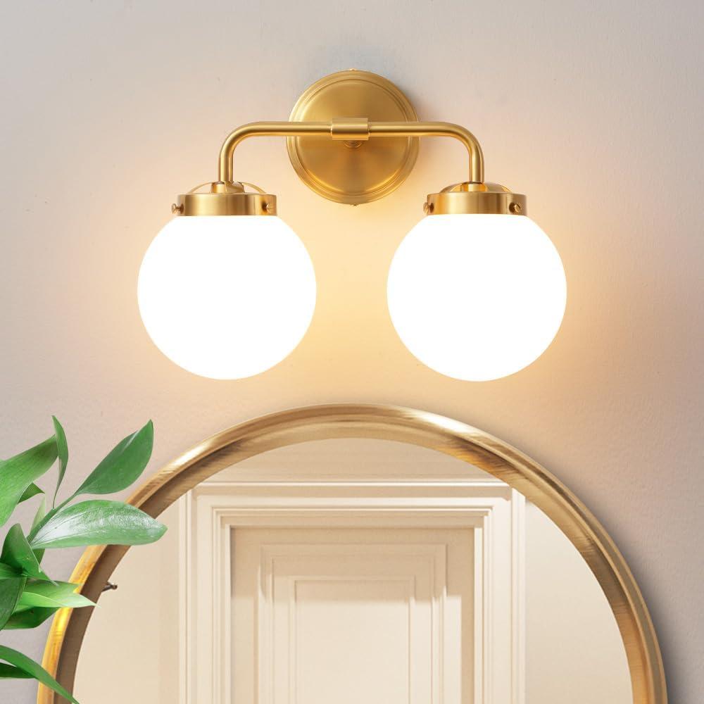 Modern Gold Lights Bathroom Light Fixtures, Brass Vanity Light with Milky White Globe Glass Shade, Elegant Vanity Light Fixtures over Mirror, Wall Sconce Light for Bathroom, Mirror, Dressing, 2 pieces