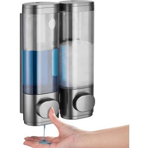 Shampoo and Conditioner Dispenser 2 Chamber No Drill, Shower Soap Pump Dispenser Wall Mounted, Body Wash Dispenser for Shower, Shower Gel Dispenser Shampoo Holder for Bathroom Accessories, Gungrey