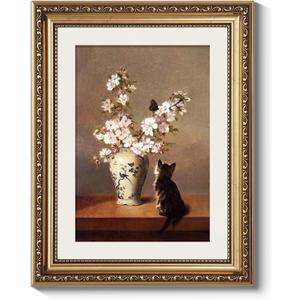 ARPEOTCY Gold Framed Floral Wall Art, Living Room Bedroom Cat Butterfly Pictures Wall Decor, Farmhouse Retro Decor, Canvas Prints, Antique Picture Frame Vintage Rustic Paintings,11x14 Inch