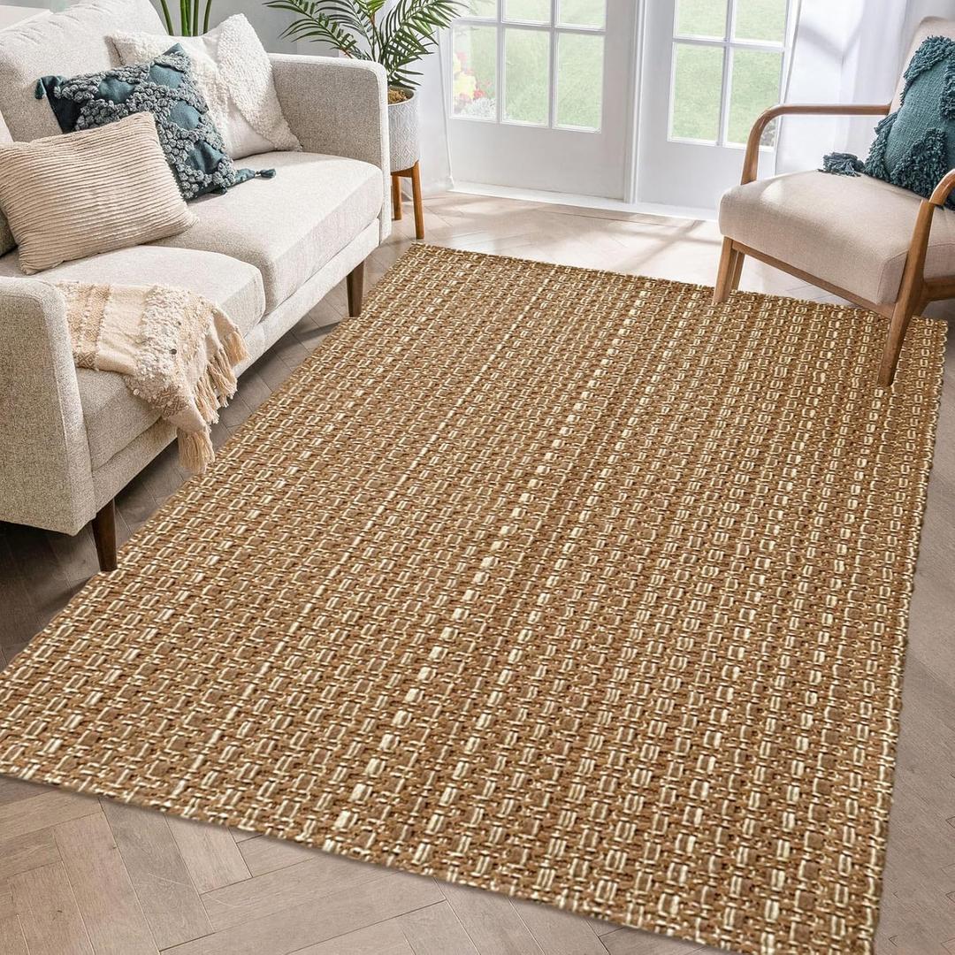 3x5 ft Rugs for Bedroom - Non-Slip Machine Washable Neutral Rug for Living Room,Faux Jute Rug,Braided Area Rug,Boho Solid Rugs for Home and Office,Very Soft,Stain-Resistan,Tan Brown