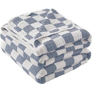 NIDITW Navy Blue Checkered Muslin Throw Blanket for Adult Breathable 6-Layer 100% Cotton Blanket 50x60 Inches Soft Lightweight Cooling Gauze Throw All Season for Bed Sofa (Navy Blue, Throw)
