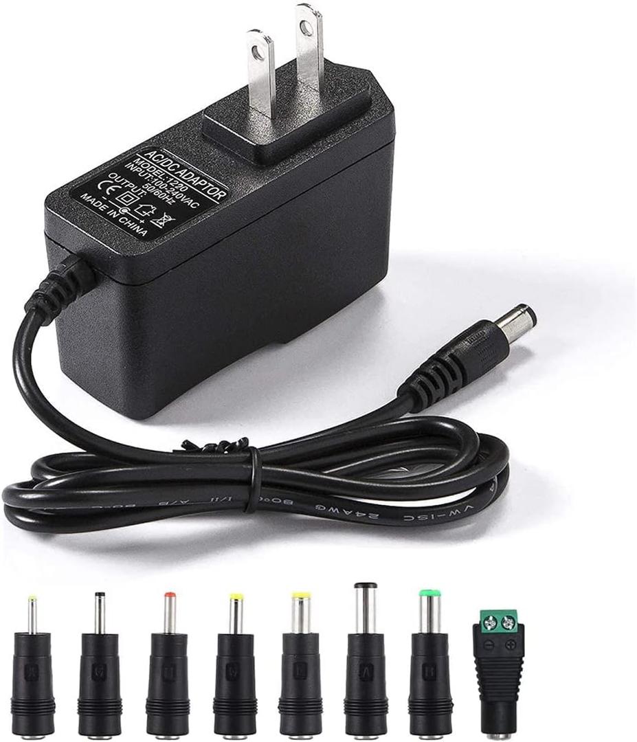 12V 2A Power Supply AC Adapter Replacement with 8 Tips, Regulated 12 Volts 2000mA Cord Charger for LED Strip Light, CCTV Camera, GPS, Webcam, Router, BT Speaker DC12V Transformer (6ft)