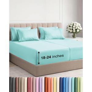 Extra Deep Split King Sheet Set - 7 Piece Breathable and Cooling Sheets - Hotel Luxury Bedding for Women, Men, Kids & Teens - Easy & Secure Fit - Soft and Wrinkle Free - Extra Deep Pockets - Spa Blue