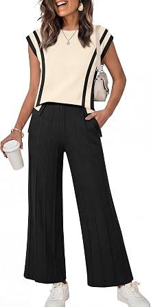 ANRABESS Two Piece Sets for Women Lounge Airport Fall Outfits, Large, Apricot-black