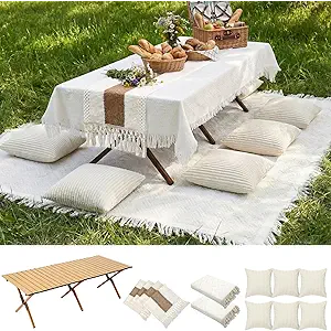 Novabright Picnic Kit Folding Picnic Table Extra Large Outdoor Boho Blanket Beige Table Runner Floor Pillow Covers Woven Cotton Oversize Washable for Camp Wedding (Cream White,Pillow Covers,10 Pcs)
