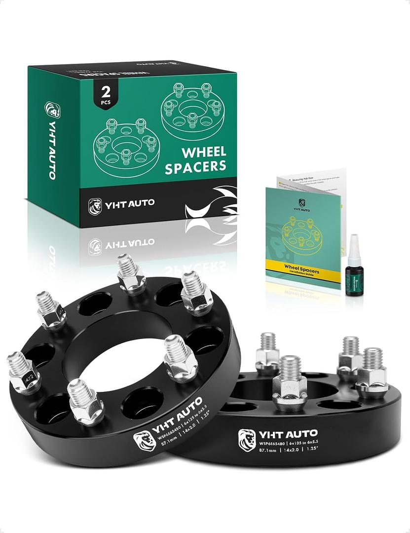 YHTAUTO 6x135 to 6x5.5 Wheel Adapters 1.25 Inch Compatible with Ford F-150 & Jeep Cherokee & Lincoln, Tire Adapters w/ M14X2 & 12.9 Grade Studs, 87.1 mm Center Bore 6 Lug 2PCS Black