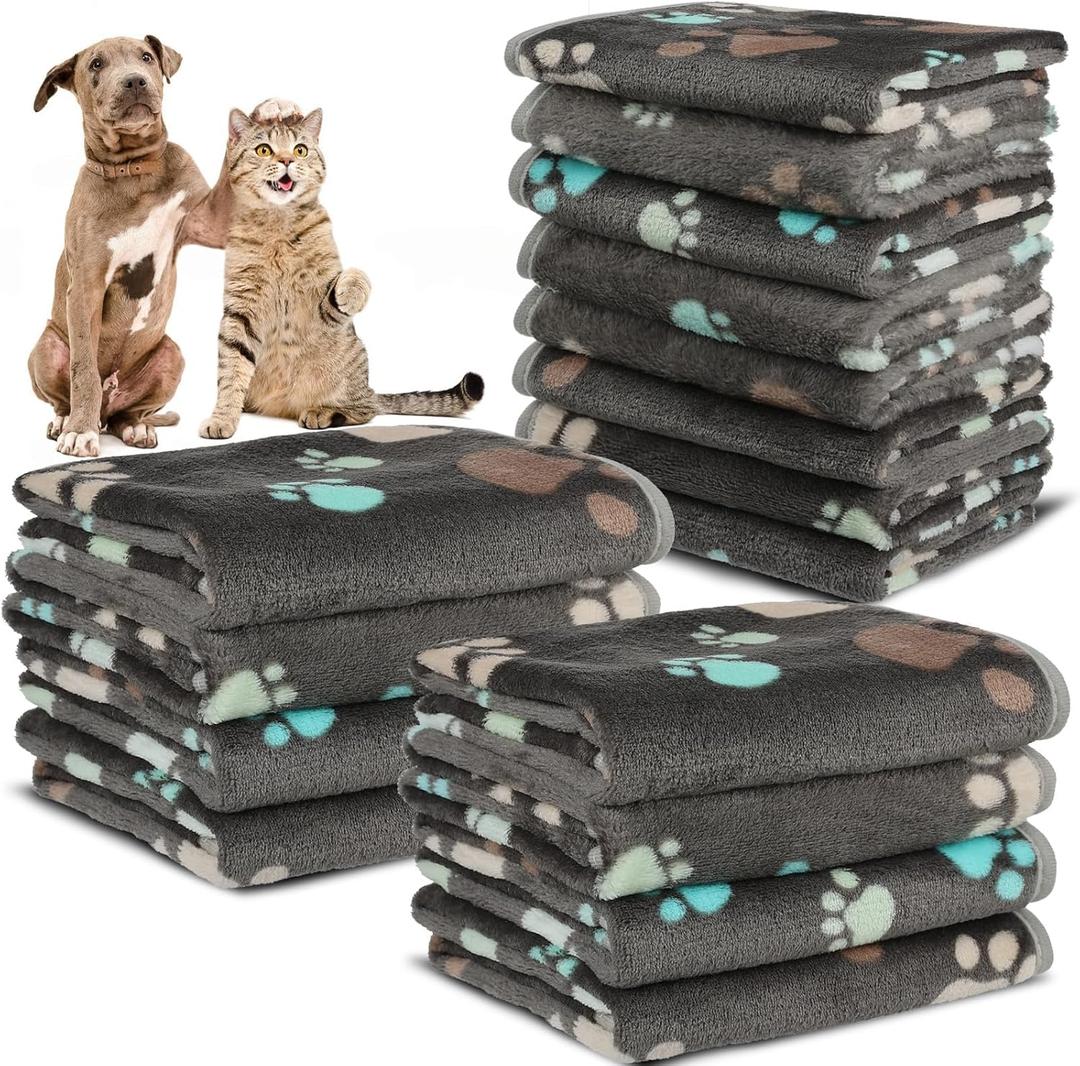 12 Pcs Small Dog Blanket Fleece Puppy Blankets Washable Pet Blankets for Cats Soft Flannel Paw Printed Throw for Guinea Pig Indoor Kittens Doggie (23 X 16 Inch,Dark Gray)