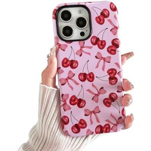 branple Compatible with iPhone 16 Pro Max Case, Cute Pink Cherry Bow Pattern with Shockproof Slim Soft TPU and Hard PC Protective Cover for Women Designed for iPhone 16 Pro Max Case, Glossy