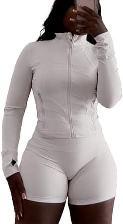 Vssjavun Women 2 Piece Outfits Sweatsuit Sets Long Sleeve Full Zip Workout Jacket Bodycon Shorts Set Tracksuit Loungewear.S