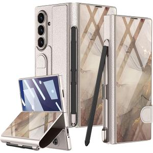 PUROOM for Samsung Galaxy Z Fold 7 Case with Pen & Pen Slot Colorful Plating Glass Hybrid Leather Full Screen Protector All-Inclusive Cover for Samsung Galaxy Z Fold 7 (Champagne Gold)