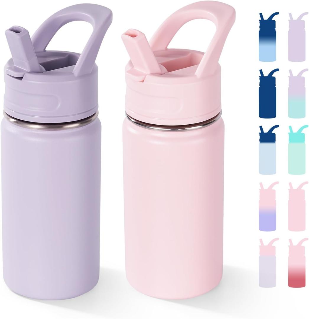 12oz Water Bottle with Straws, Stainless Steel Vacuum Insulated Water Bottle Leak-Proof, BPA-Free, Purple + Pink