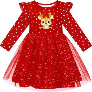 Toddler Girls Christmas Tulle Dress Sequin Princess Party Dresses Long Sleeve Xmas Clothes 2-6 Years (Red)