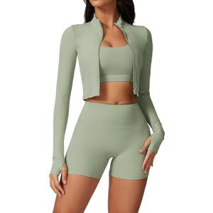 Womens Workout Sets 3 Piece Seamless Shorts Crop Top Long Sleeve Jacket Gym Yoga Outfit Sports Bra Set Running Clothes (Medium, Green)