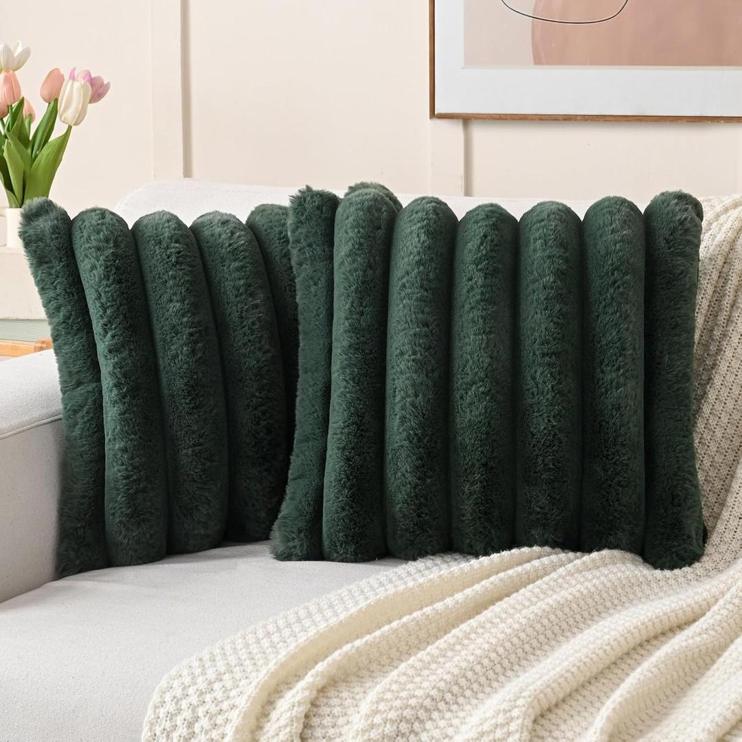 FUTEI Dark Green Decorative Throw Pillow Covers 16x16 Inch Set of 2, Square Soft Faux Rabbit Fur Thick Striped Cushion Cover,Spring Home Decor for Couch Bed Living Room