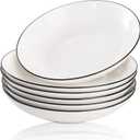 Dicunoy 6 Pack Pasta Plates, 8" Porcelain Salad Bowls, Shallow White Dinner Soup Serving Plate, Spaghetti Dishes with Black Rim for Cereal, Dessert, Snack, Microwave & Dishwasher Safe