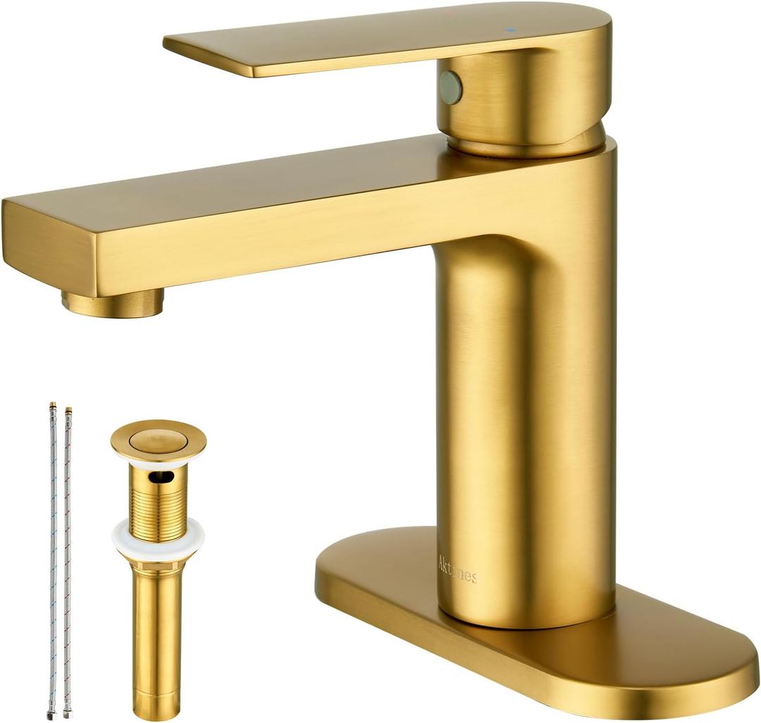 Gold Bathroom Faucet 1 Hole, Single Handle Brass Bathroom Sink Faucet with Deck Plate & Metal Pop-Up Drain & Water Supply Lines Included, Modern Gold Bathroom Vanity Faucet, Brushed Finish (Gold)