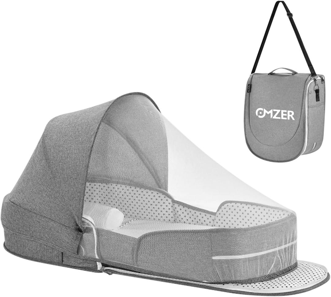 Omzer Baby Travel Bassinet Portable Bassinets - Foldable Baby Co-Sleeping Bed Lightweight Travel Pod Infant Travel Bed with 2-1 Mosquito & Canopy Grey