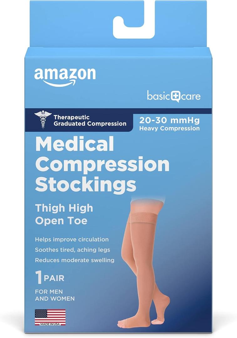 Amazon Basic Care Medical Compression Stockings for Circulation, Varicose Veins, Edema, Swelling, 20-30 mmHg Support, Women & Men Thigh Length Hose, Open Toe, Beige, Small (Previously NuVein)