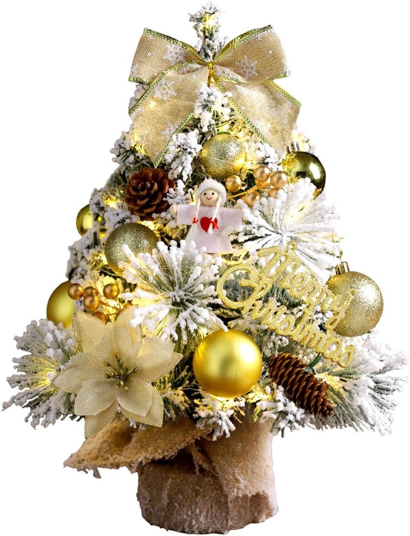 Tabletop Christmas Tree with Lights, 24inch/2ft Mini Christmas Tree, Tabletop Small Xmas Tree for Holiday Indoor DIY Christmas Decoration (Yellow White)