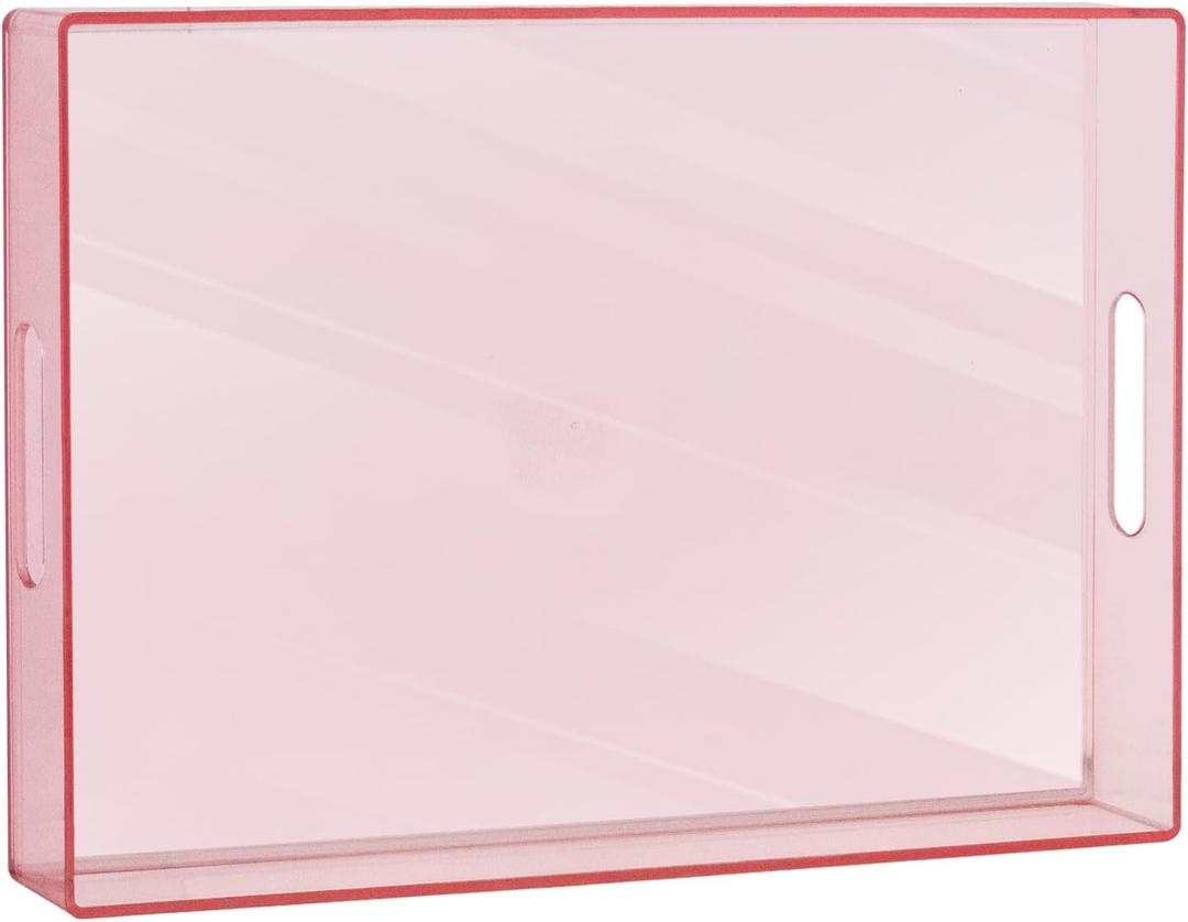MAONAME Pink Clear Serving Tray with Handles, Plastic Clear Tray, Rectangle Decorative Trays for Coffee Table, Ottoman, Bathroom, Vanity, 15.7" Lx 10.2" W X 1.57" H