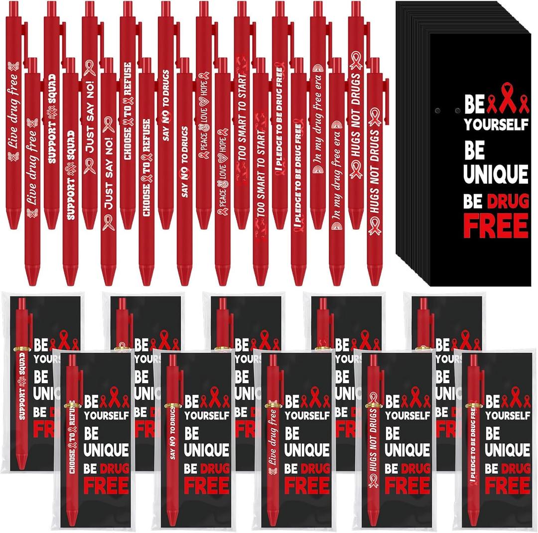 100 Sets Red Ribbon Week Supplies Bulk Red Ribbon Awareness Pens & Bookmarks Set Drug Free Ballpoint Pen with Inspirational Bookmarks Accessories for Fundraising Charity Party Favors