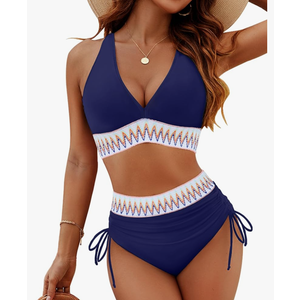 Blooming Jelly Women High Waisted Bikini Sets Tummy Control Swimsuits Color Block Two Piece Drawstring Bathing Suit Size Medium