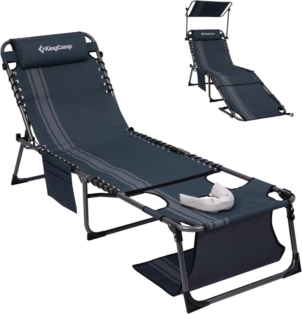 KingCamp 400LBS Lounge Chair with Face Hole & Canopy Shade, Blue/Grey | Folding Portable Tanning Chair with Pinch-Proof Safety Design, Adjustable 5-Position, For Beach Patio Outdoor Pool