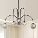 Black Sputnik Chandelier, 6 Light Mid Century Modern Chandeliers, Dining Room Chandeliers with Smoke Gray Glass Globe Shade, Globe Chandelier for Dining Room, Living Room, Bedroom, Kitchen