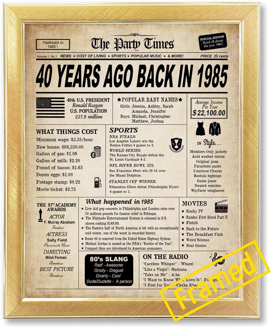 GIFTSFARM 40th Birthday Decorations Framed for Women or Men, Classy Vintage Table Decor, Birthday Card Poster for Him or Her Turning 40 Years Old, Back in 1985 Print (Gold Frame)