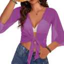 Women's Short Cardigan Bolero Shrug Sheer Tie Front Top 3/4 Sleeve Jacket for Dress (Large, Lavender)
