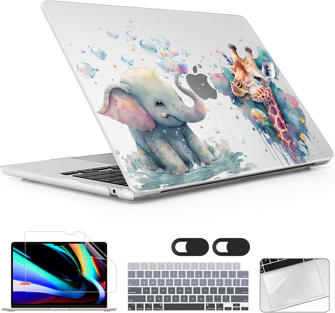 for MacBook Air 13.6 inch Case M4 M3 M2 2025 2024-2022 Release Model A3240 A3113 A2681, Sturdy Plastic Hard Shell Case & Screen Protector for MacBook Air M2 13 inch, Elephant & Giraffe