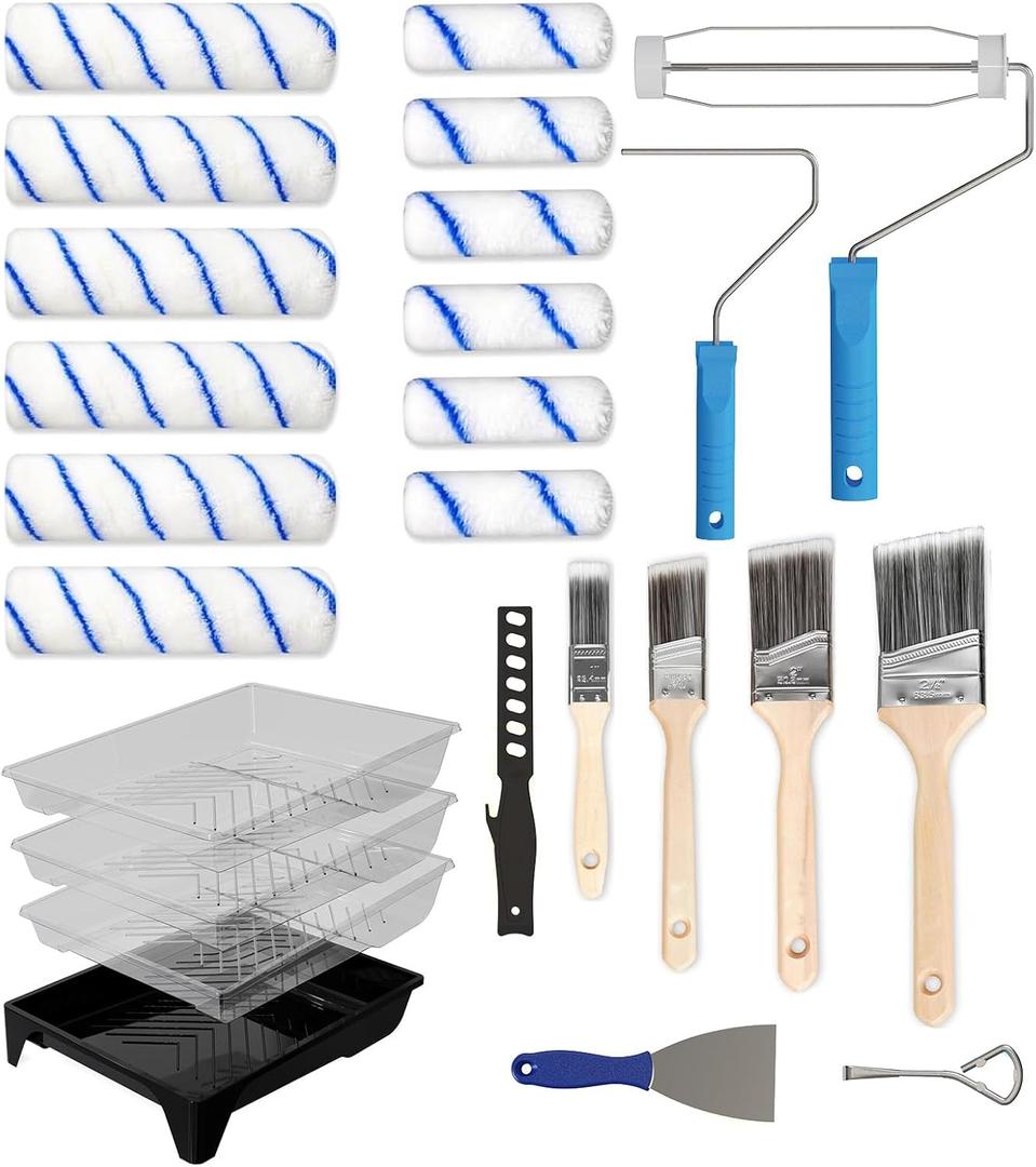 Paint Roller Kit, 25 Piece Paint Supplies, 9"4" Paint Rollers, Paint Brushes for Walls, Microfiber Roller Covers for Professional Painting, Blue