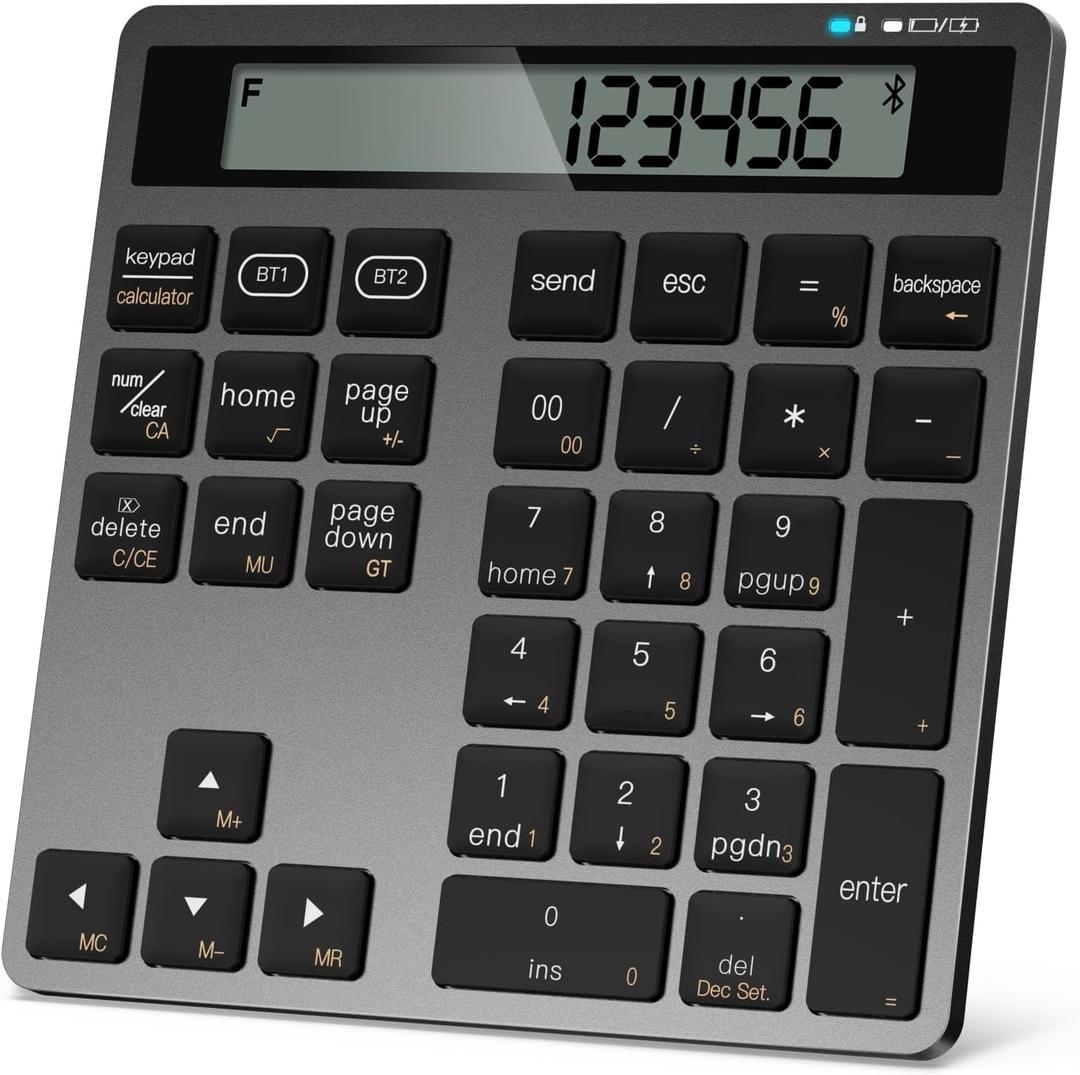 Rechargeable Wireless Number Pad for Laptop, 34 Keys Numeric Keypad with Dual Bluetooth & Display, 2-in-1 Numpad and Calculator, Slim Portable Number Pad Keyboard for Windows, Mac, PC, Tablet