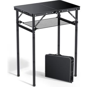Anbte 2ft Folding Camping Table Max 29.5", 3 Adjustable Height Aluminum Small Folding Table with Storage Net & Portable Handle, Lightweight, for Travel Outdoor Beach Picnic Camp, 23.2" x 16", Black