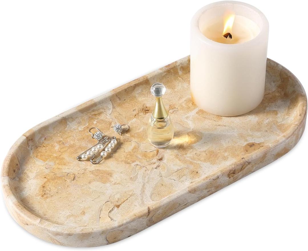 Koville Egypt Natural Marble Tray, 12"x6" Vanity Decorative Tray for Countertop Organizer, Catchall Tray for Perfume, Candles, Jewelry Dish (Gold Marble-pearlly Yellow)