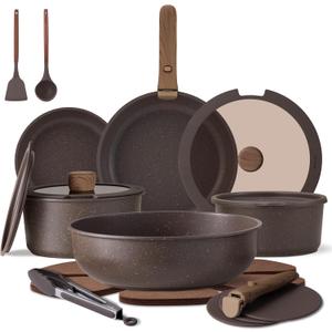 CAROTE 21PCS Pots and Pans Set Non Stick with Detachable Handle, Nonstick Cookware Sets, Cooking Kitchen Set, Oven/Dishwasher Safe, Induction Cookware, Brown, RV Kitchen Pot and Pan