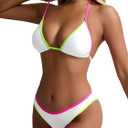TASHEHE Women's Colorful String Bikini Set Sexy Triangle Two Piece Neon Bikini Swimsuit Color Block Halter Bathing Suit (Medium, 424 / White)