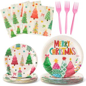 Party Plate Supplies - Serves 24-96Pcs Party Tableware Decoration Disposable Paper Plate Napkin Fork for Birthday Merry Christmas Tree