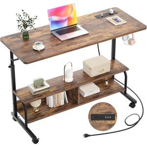 Armocity Height Adjustable Standing Desk with Power Outlets, 47" Manual Stand Up Desk with Storage Shelves Small Mobile Rolling Computer Desk Portable Laptop Table with Wheels for Home Office, Rustic