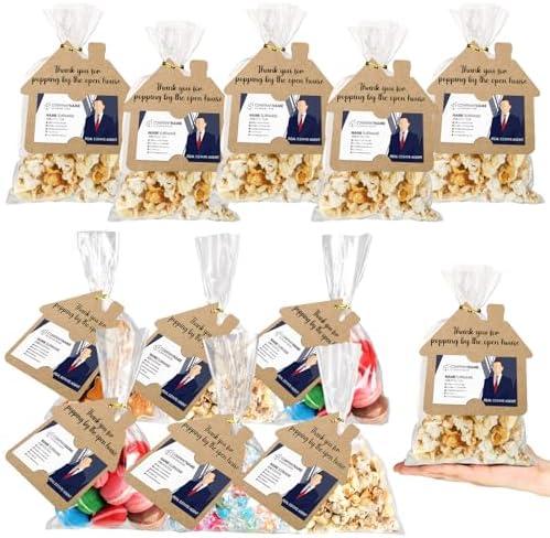 Hoolerry 100 Set Open House Popcorn Bag with Tag Real Estate Agent Thanks Tag Business Card House Shaped Paper Gift Popcorn Candy Biscuits Bag for Estate Agent Favors Supplies(Kraft Color)