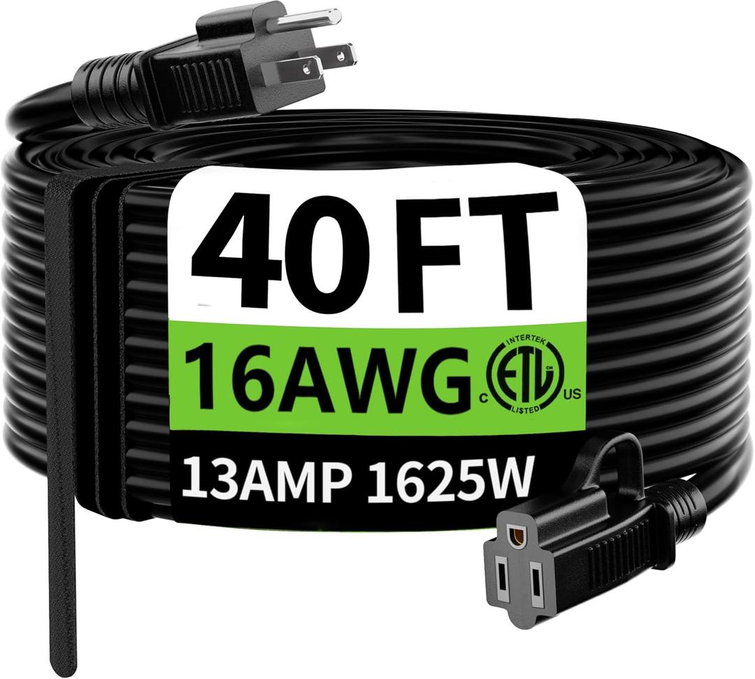 HUANCHAIN Indoor Outdoor Black Extension Cord 40 ft Waterproof, 16/3 Gauge Flexible Cold-Resistant Appliance Extension Cord Outside, 13A 1625W 16AWG SJTW, 3 Prong Heavy Duty Electric Cord, ETL