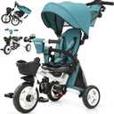 JMMD 8 in 1 Tricycle Stroller with Push Handle, Foldable Trike with 360 Swivel Seat, Reclining Backrest, All-Terrain Wheels, Dual Brakes, Canopy & Storage, Gift for Kids 18 Months to 5 Years, Green
