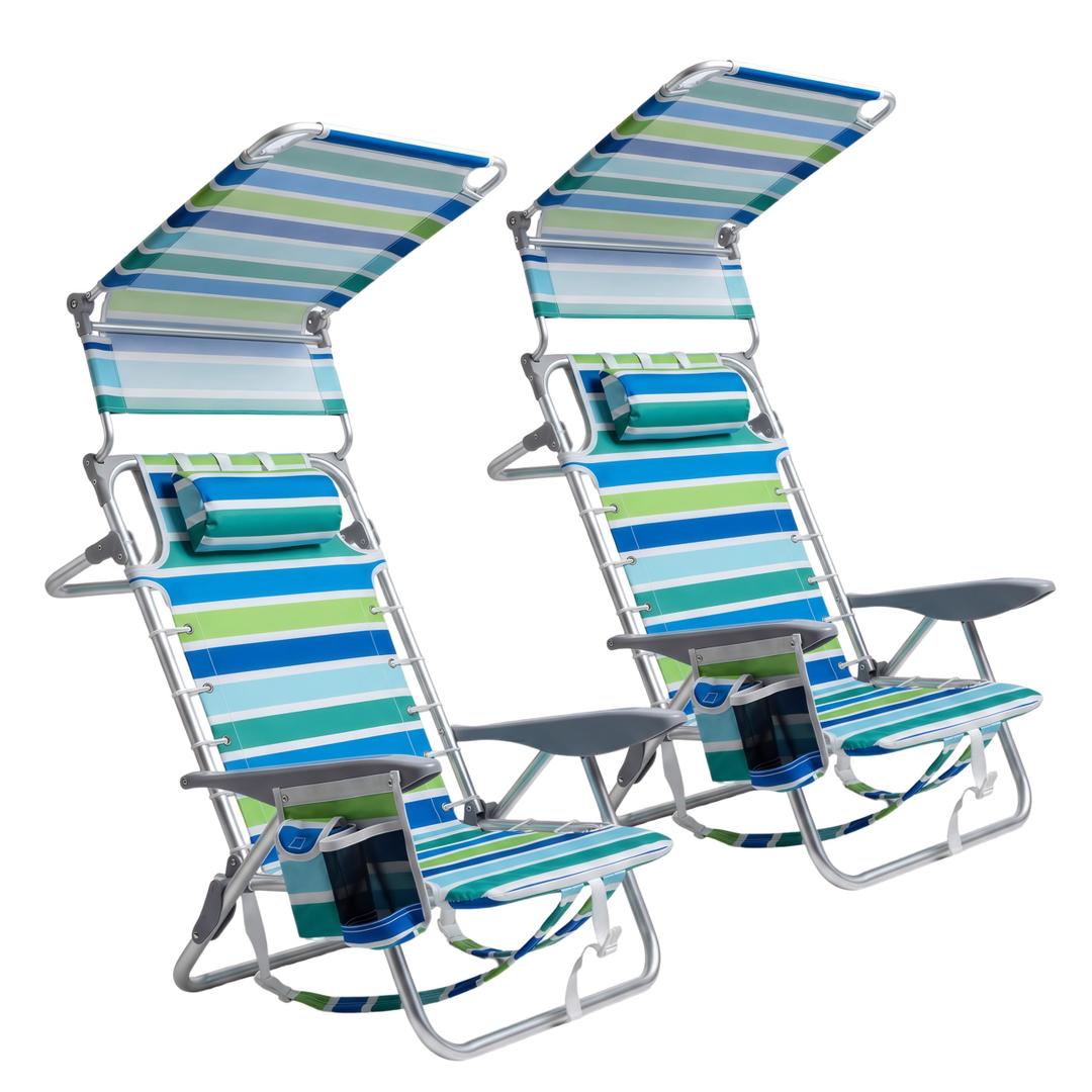 GarveeLife Backpack Beach Chair for Adults, Lightweight Portable Lay Flat Folding Beach Chair with Canopy Shade, 5 Reclining Positions, Backpack Straps, Phone Pocket, Cup Holder & Towel Bar