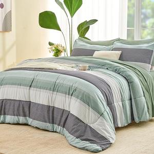 Andency Quinn Comforter Set Sage Green - 7 Pieces Green Striped Bed in a Bag, Soft All Season Patchwork Bedding Set with Comforter, Fitted & Flat Sheet, Pillowcases & Shams