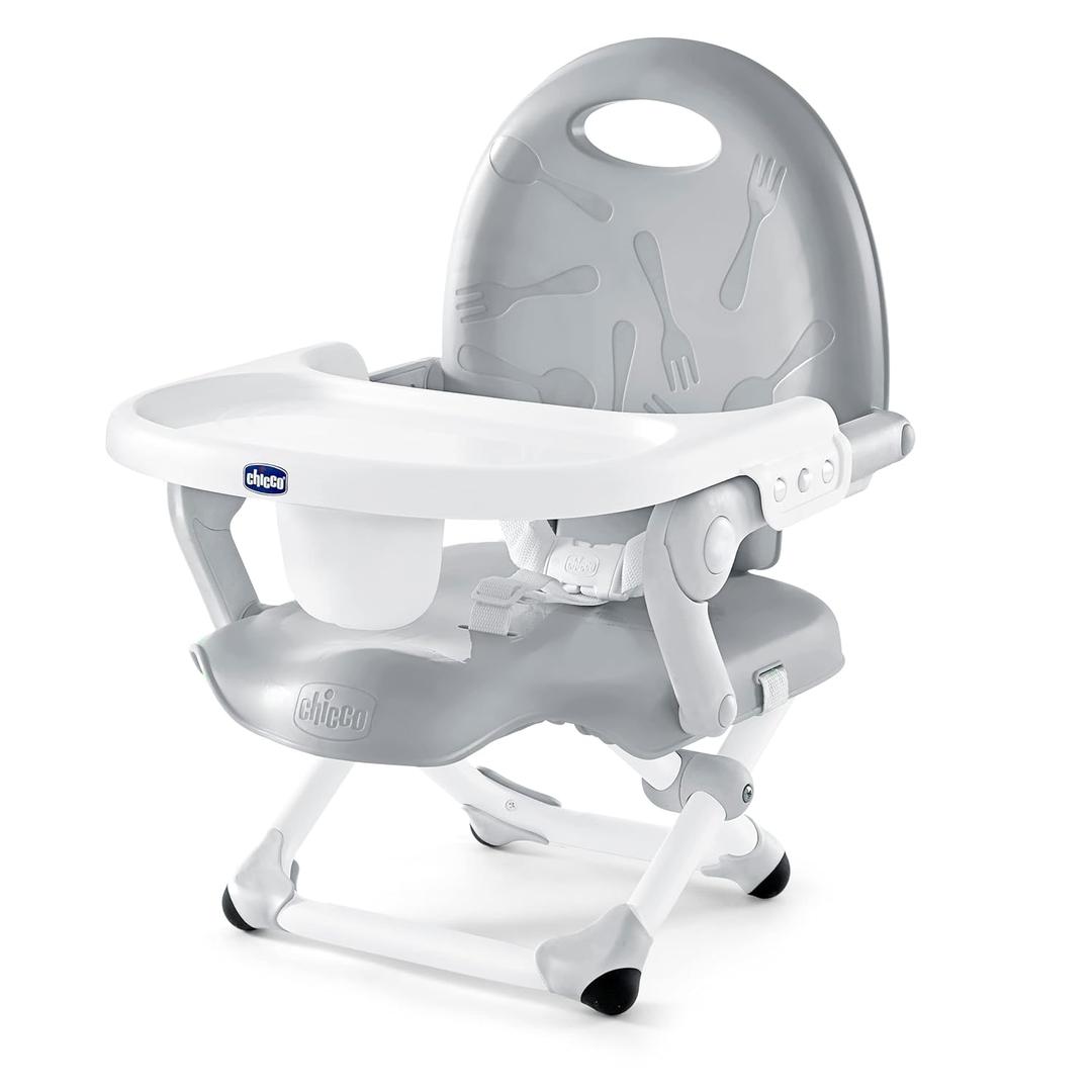 Chicco Pocket Snack Portable Booster Seat for Babies and Toddlers with 3 Height Adjustments, Secure Attachment to Dining Chairs, Easy-to-Clean, for Children up to 50 lbs. | Grey/Grey (1 Count (Pack of 1))